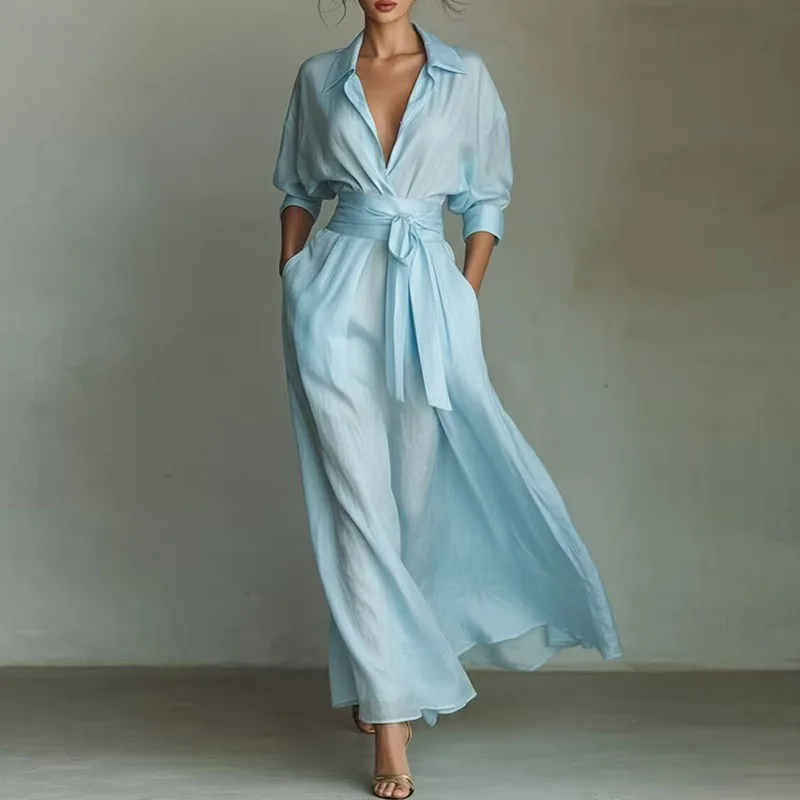 Bohemian Elegant Lace-up High Waist Long Dress Woman New Turn-down Collar Hollow Party Dress Spring 3/4 Sleeve Pocket Maxi Dress - Image 2