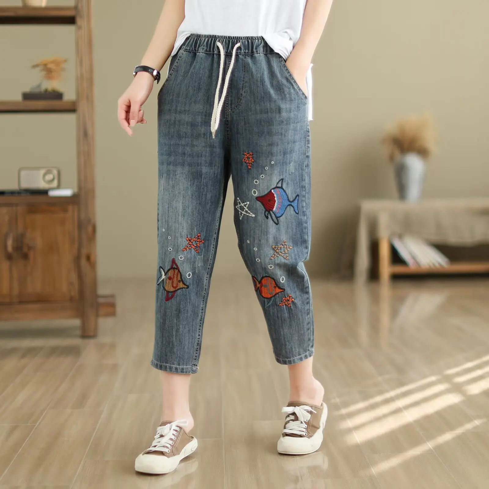 New 2026 Summer Women Denim Trousers, Elastic Waist Cartoon Embroidery, Mori Girl Vintage OL Temperament Harem Jeans B66228CC