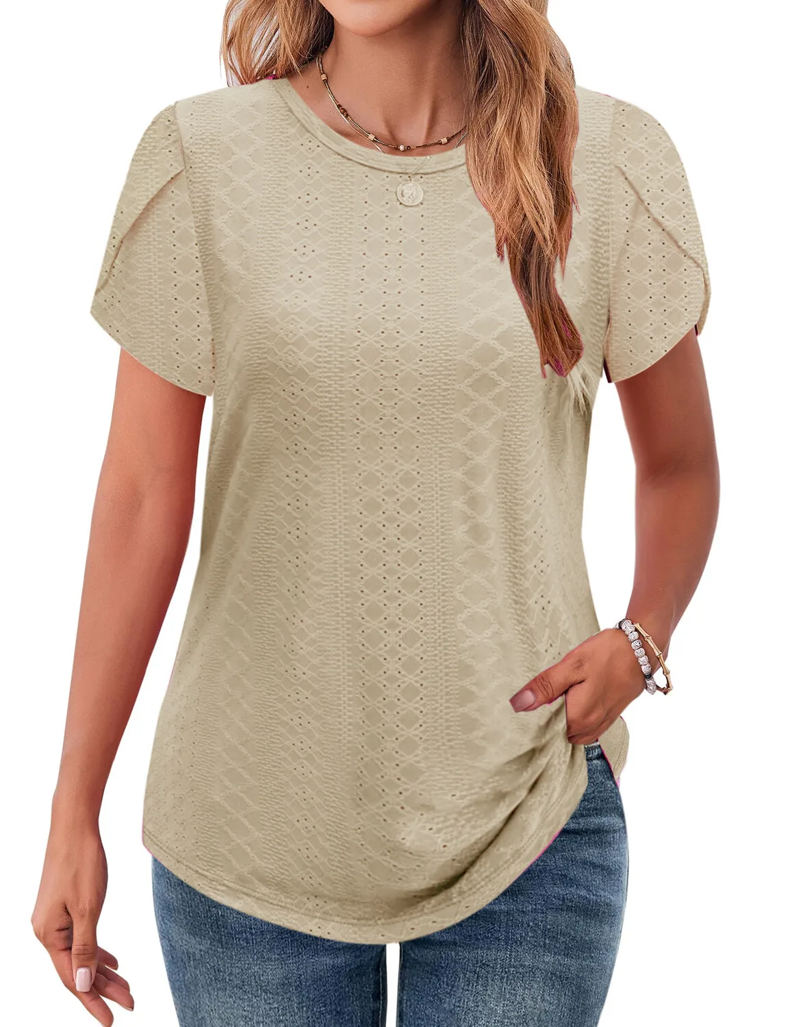 

2025 Women Elegant Short Sleeve Solid T Shirt Round Neck Casual Sleeve Vintage Fashion Hollow Out Tee Tops