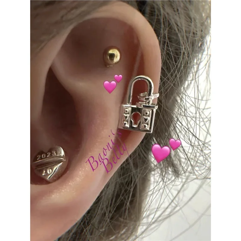 

European and American Fashion Compact Exquisite Small Square Lock Earring Studs Personalized Unique Earring Jewelry Accessories