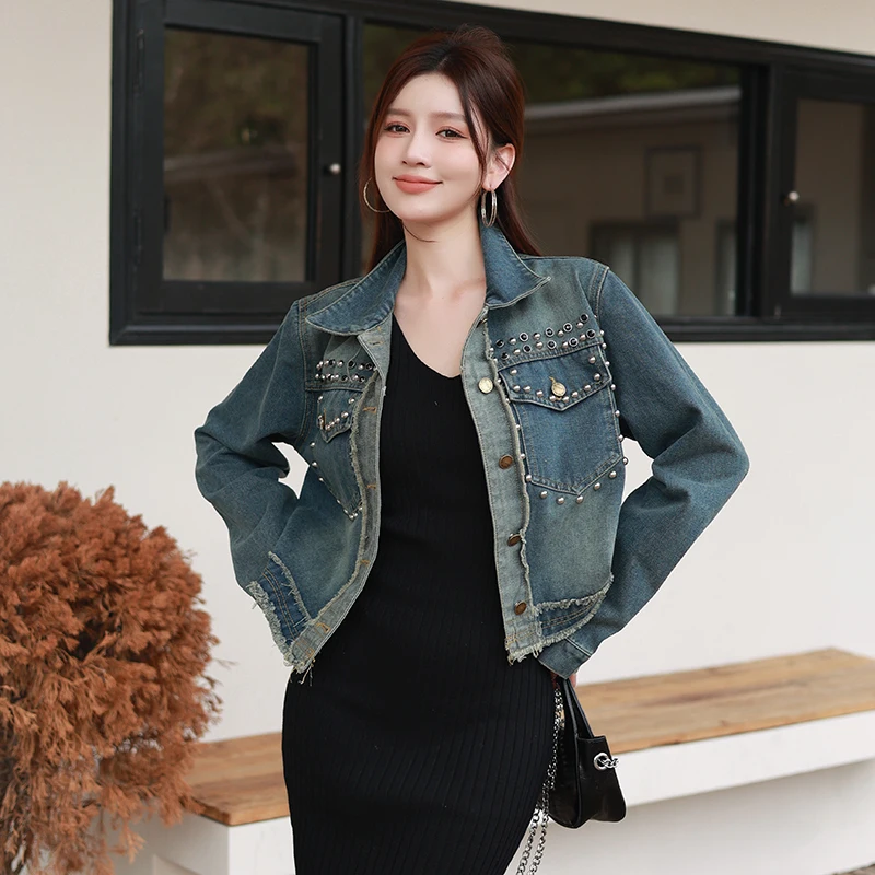 

Womens Denim Jacket 2023 Spring Autumn New Rivet Studded Jean Jacket Women Jean Jacket Top