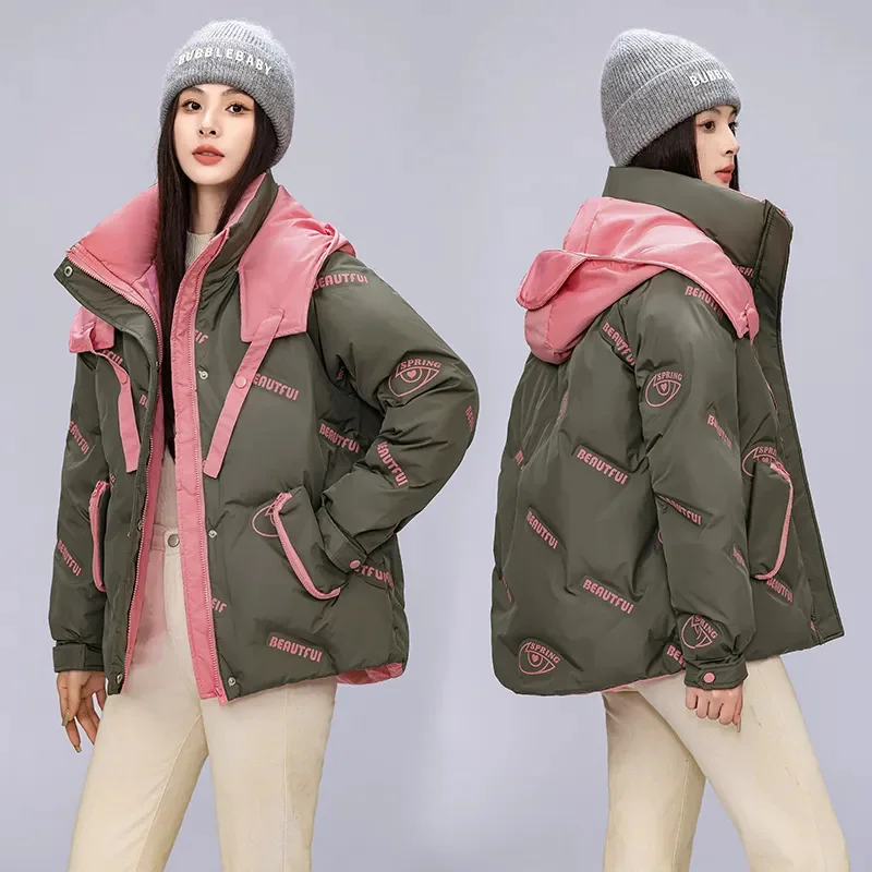 2024 New Print Down Cotton Jacket Women's Thicken Coat Winter Korean Edition Loose Short Hooded Coat Female Warm Parker Outwear