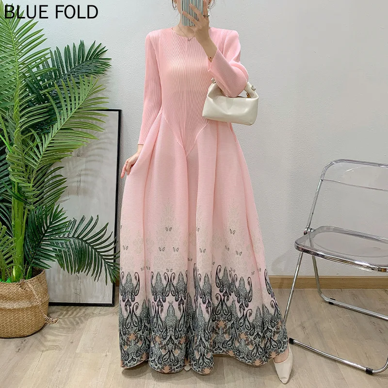 

Miyake Pleated Printed Lantern Dress 2025 Summer Middle Eastern Long Women's Wear Loose Large-sized Floor-length Dress