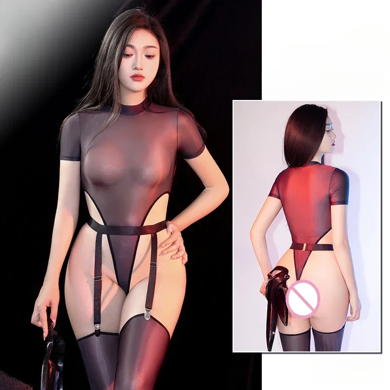 المرأة مثير ارتداءها النفط لامعة عالية سبليت الجوارب حريري أورورا ملهى ليلي ملابس شفافة رقيقة جدا شير ملابس النادي الليلي #4