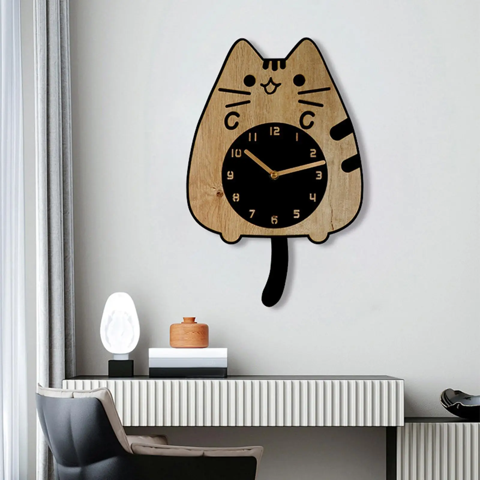 Cat Wall Clock Decorative Clock Modern Stylish with Swinging Tail Cartoon Wall Hanging Clock Silent Clock for Indoor Kitchen