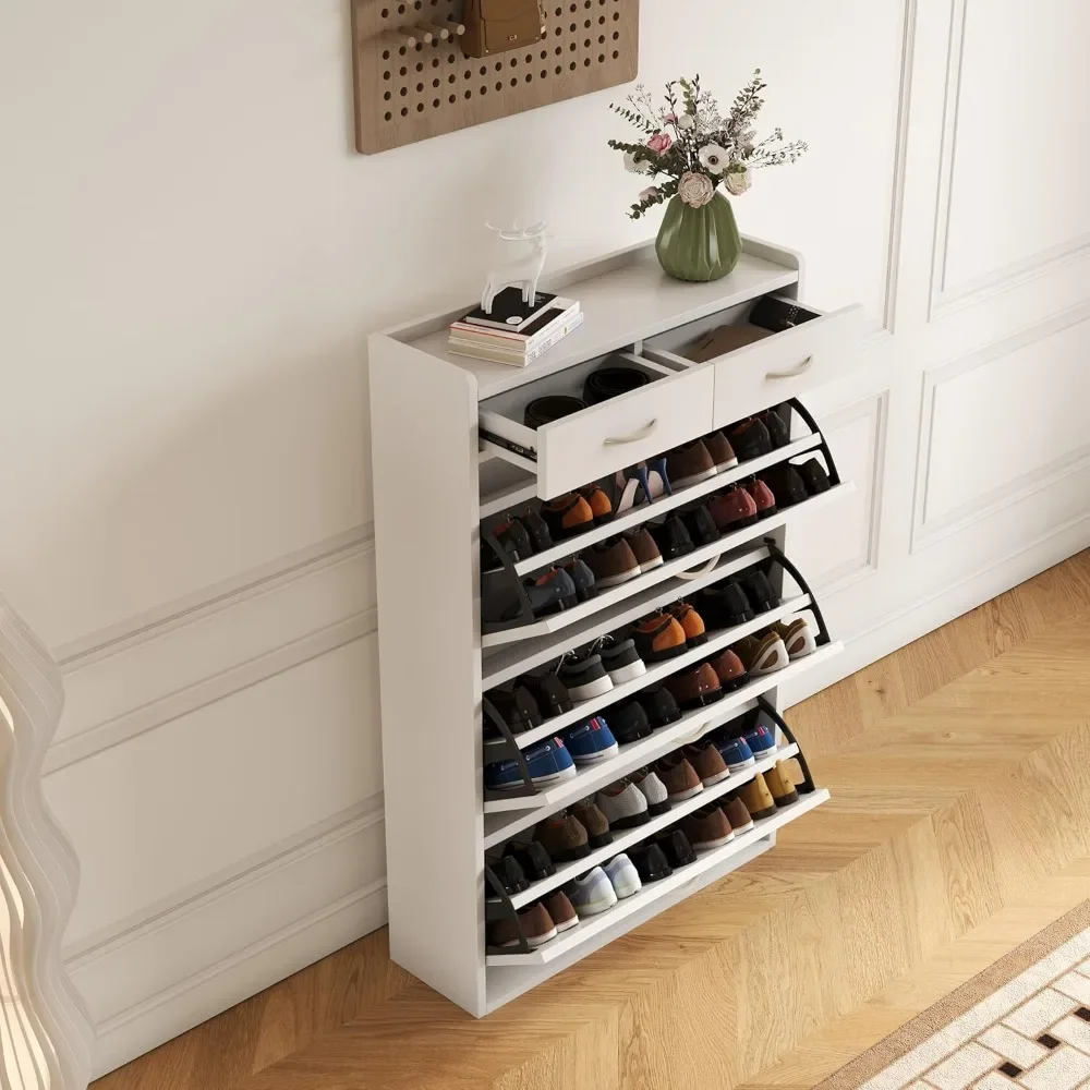 

31.49 inches of White Solid Wood Shoe Cabinet, Three Layer flip Bucket Shoe Storage Cabinet, Simple and Generous for a Variety