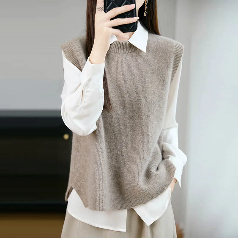 

MEETCC женский жилет без рукавов из 100% мериносовой шерсти с круглым вырезом, свитер, осень-зима, однотонный классический пуловер, одежда, мягкий теплый топ