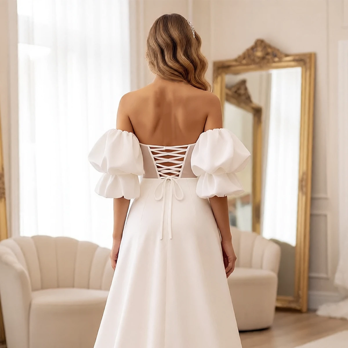 クラシックマーメイドスイートハートショートウェディングドレス花嫁のためのミニシースパフィースリーブブライダルパーティードレストレイン付きvestidosノビア