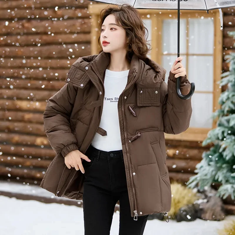 Winter Warm Halten Parka Mantel Koreanische Version Bull Horn Schnalle Damen Unten Baumwolle Jacke Mit Kapuze Vielseitig Lose Dame Oberbekleidung