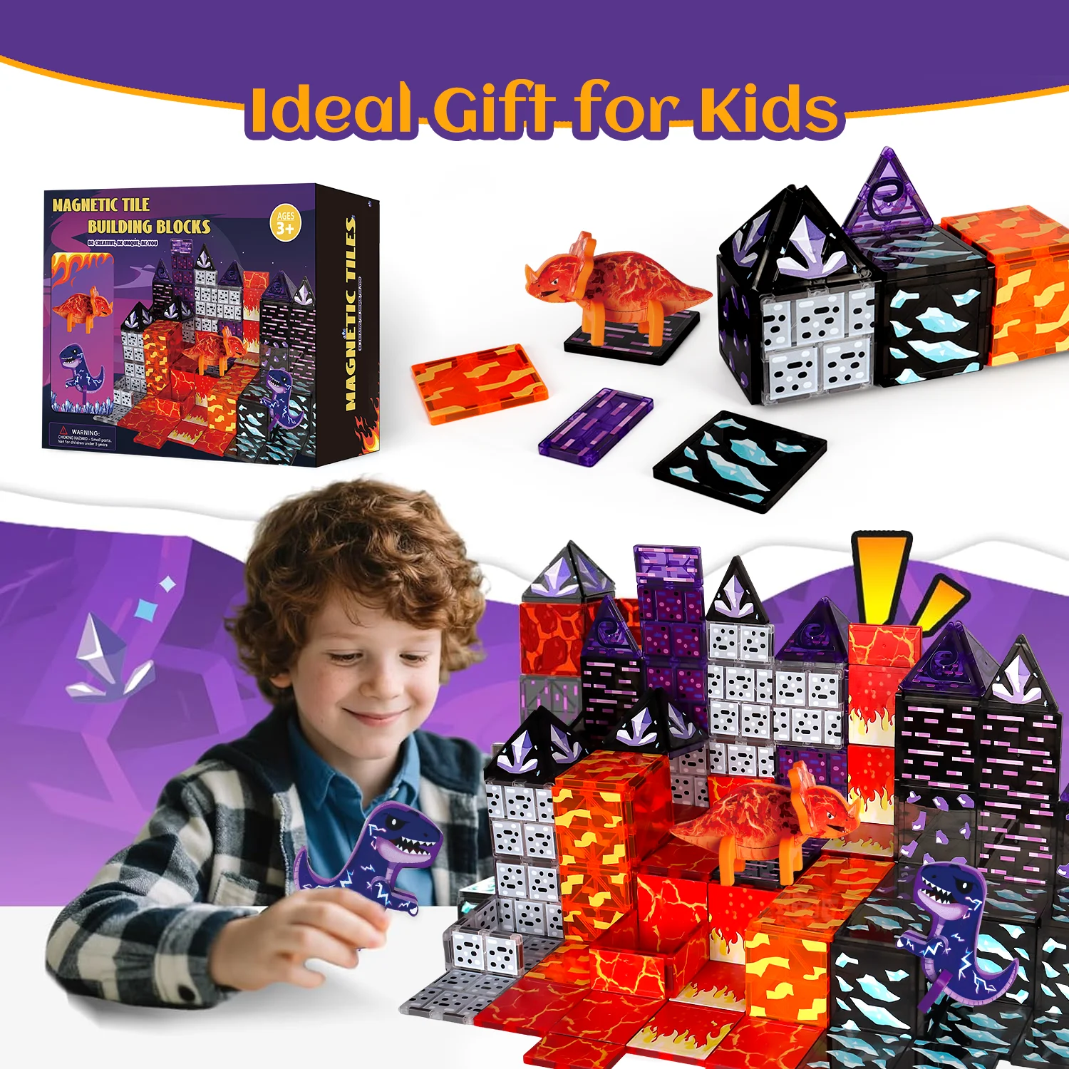 40 peças de blocos de construção magnéticos estilo lava dinossauro brinquedo telhas magnéticas, brinquedo de quebra-cabeça de formas coloridas, adequado para presentes de aniversário