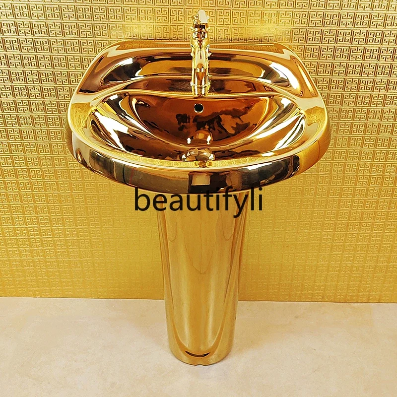 European art gold column wash basin floor ceramic split wash basin