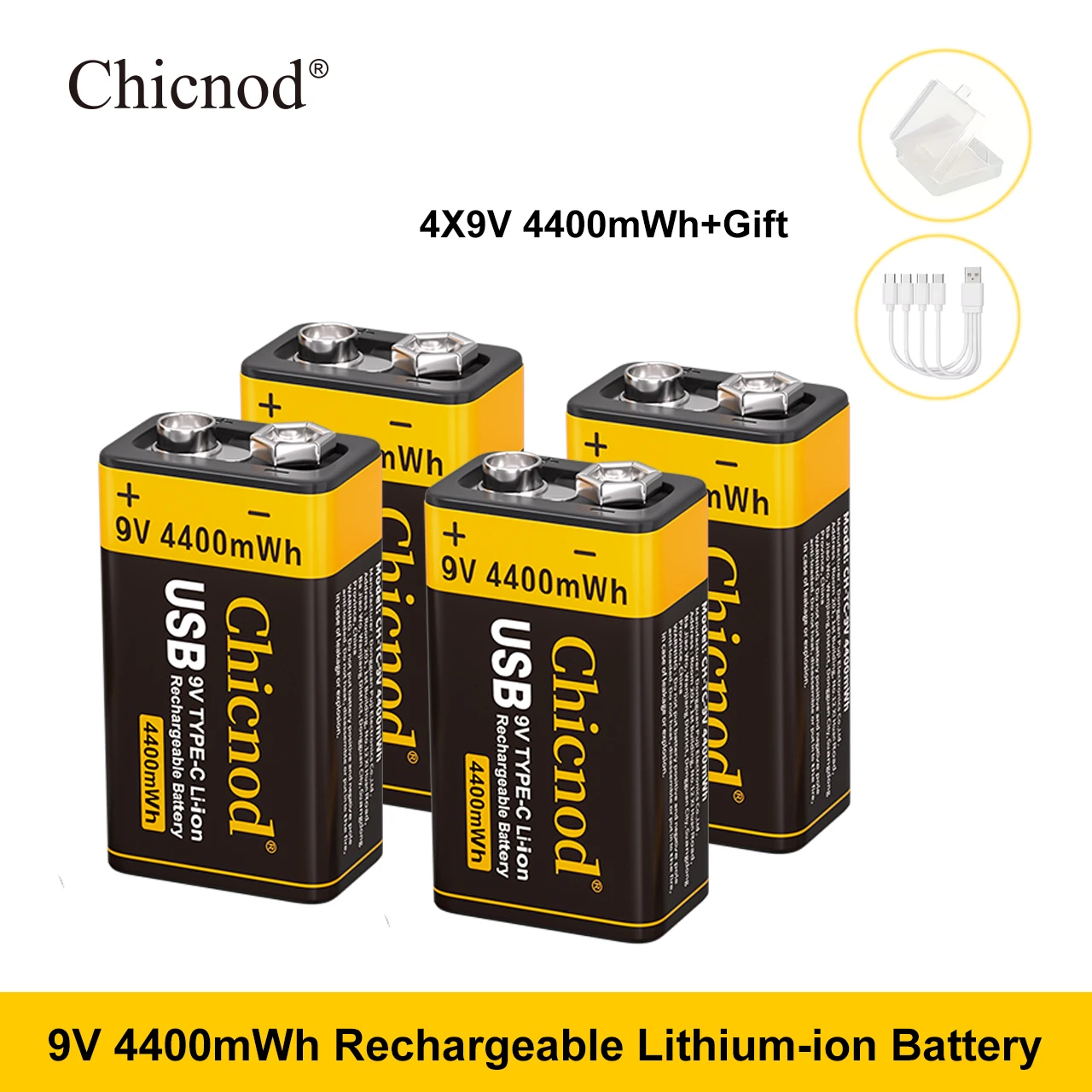 CHICNOD 9V Wiederaufladbare Batterie 4400mWh USB Typ C Li-Ionen-Akku 9 Volt Wiederaufladbare Batterie für Gitarrenpedal Multimeter
