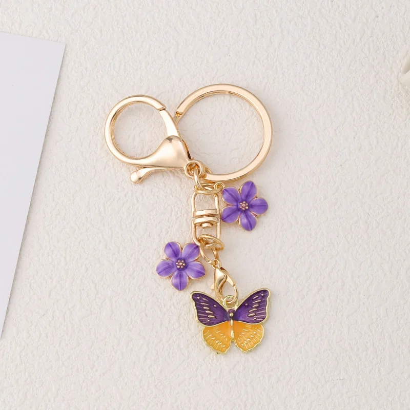 15pcs Flowers Pretty Butterfly Enamel Keychain Plant Flying Insect Key Ring For Women Girl Friendship Gift Handmade Jewelry Set