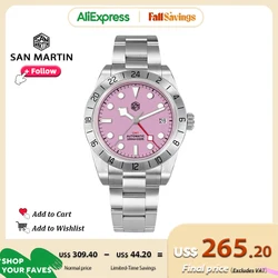 San Martin-Reloj de pulsera mecánico de acero inoxidable para hombre, pulsera de lujo con esfera rosa, cristal de zafiro, 10bar, SN0054, NH34 BB GMT, 39mm