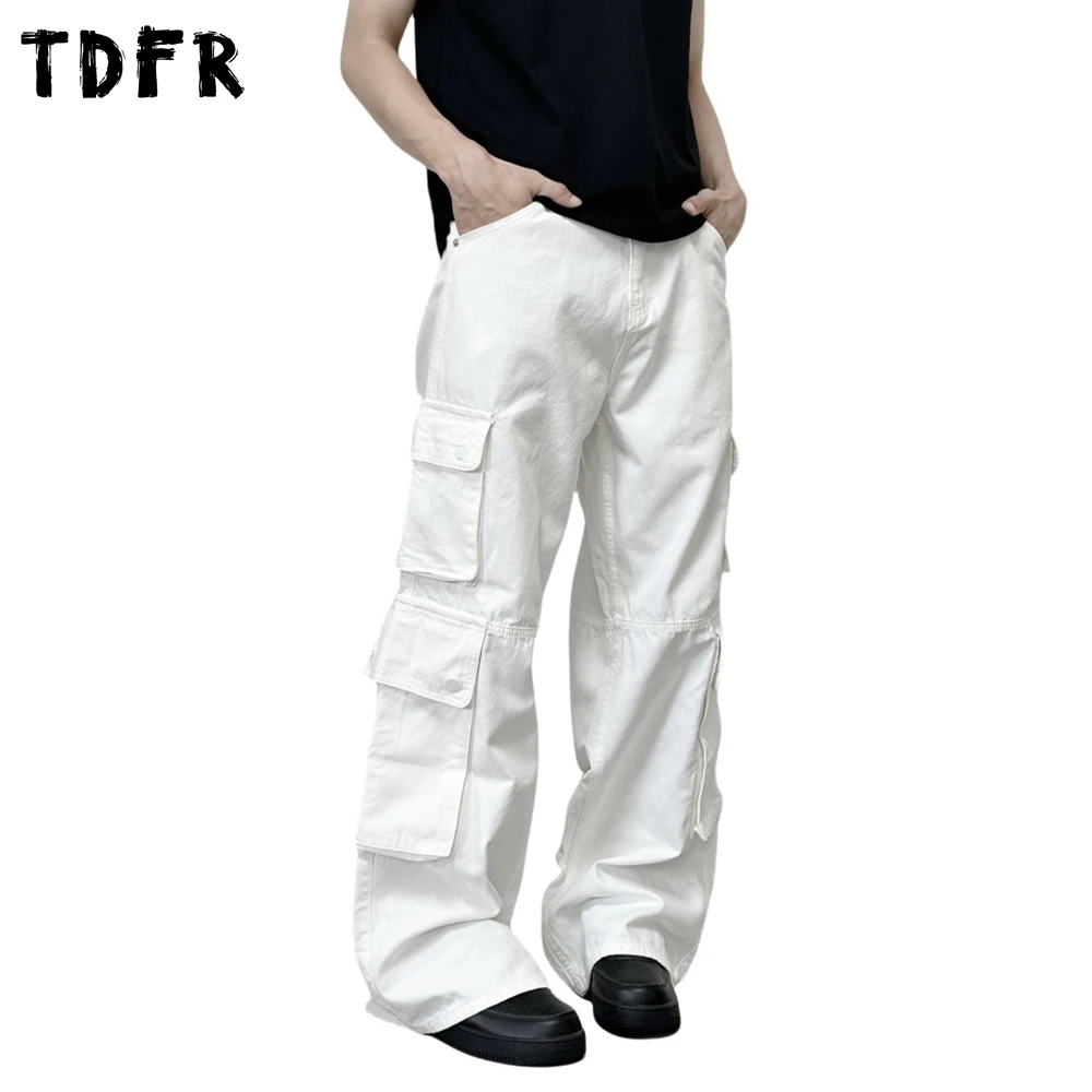 

Multi-Pocket Cargo Pants Mens Solid Color Spliced Retro Safari Style Baggy Wide Leg Trousers Man