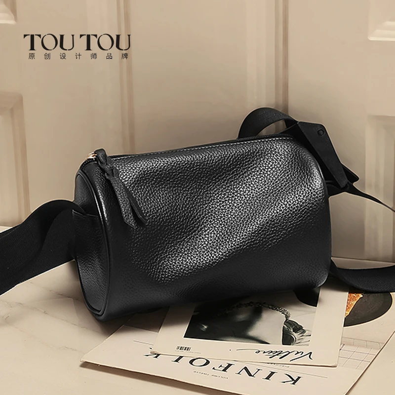 TOUTOU Genuine Leather Women Bag Solid Color Crossbody One Shoulder Bag Simple Leather Square Purse Women's Zipper Storage Pouch