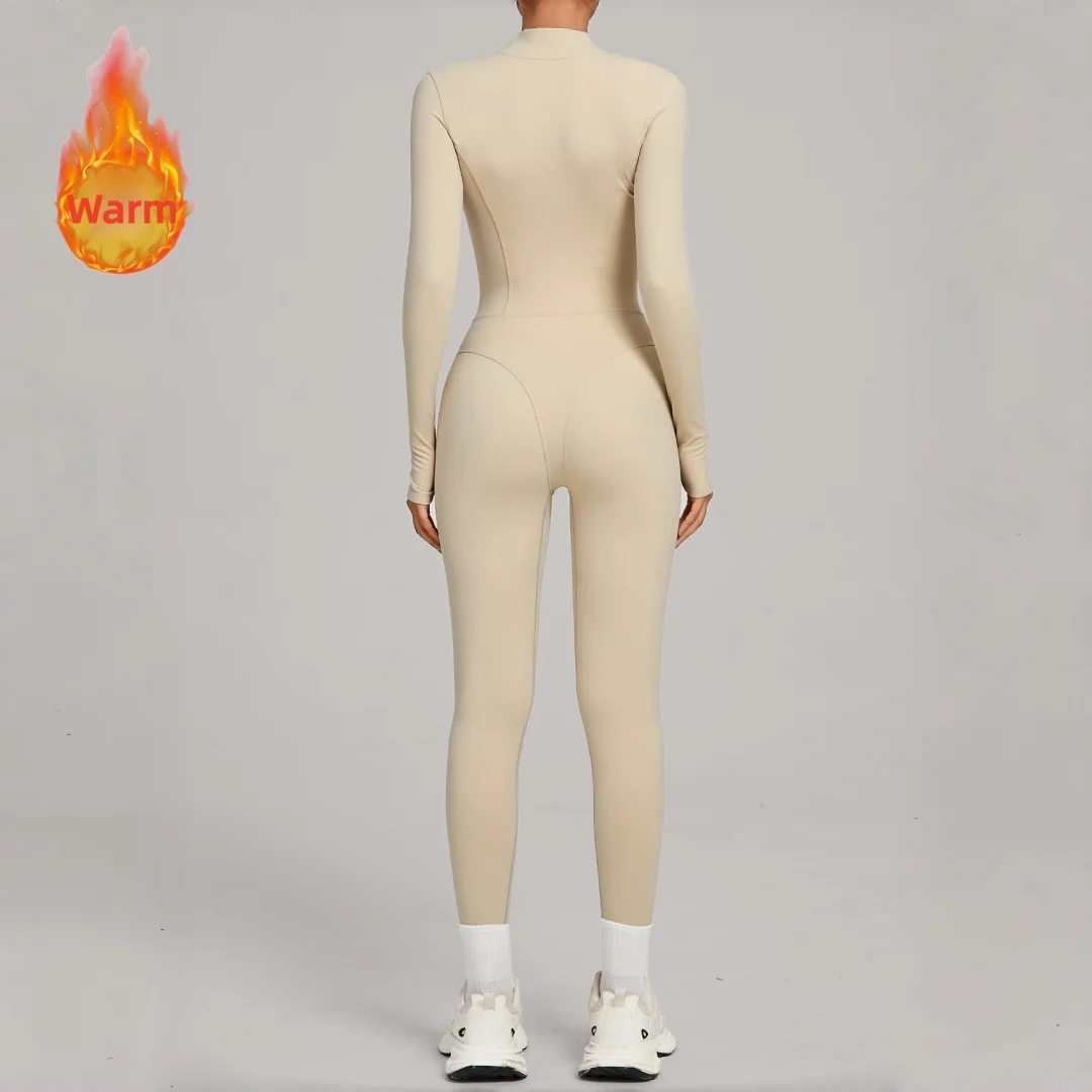 Zimní teplý jógový overal se stojáčkem a zipem, fleecový, venkovní fitness, běhání, jednodílné cvičební oblečení, legíny, jógový oblek - náhled 3