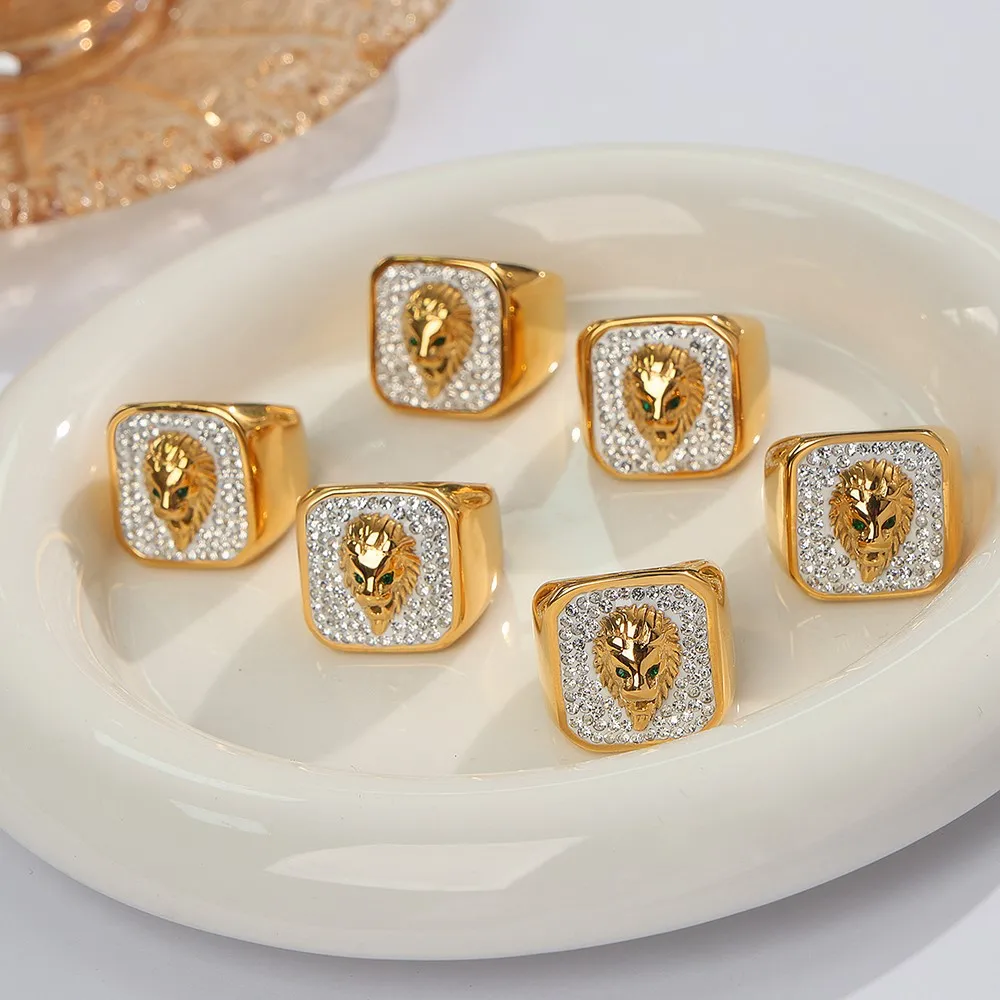 Anillos con Cabeza de León Masculina, Anillos de Acero Inoxidable para Mujer, Anillo Chapado en Oro de 18k con Incrustaciones de Circonita Brillante, Anillo Grueso
