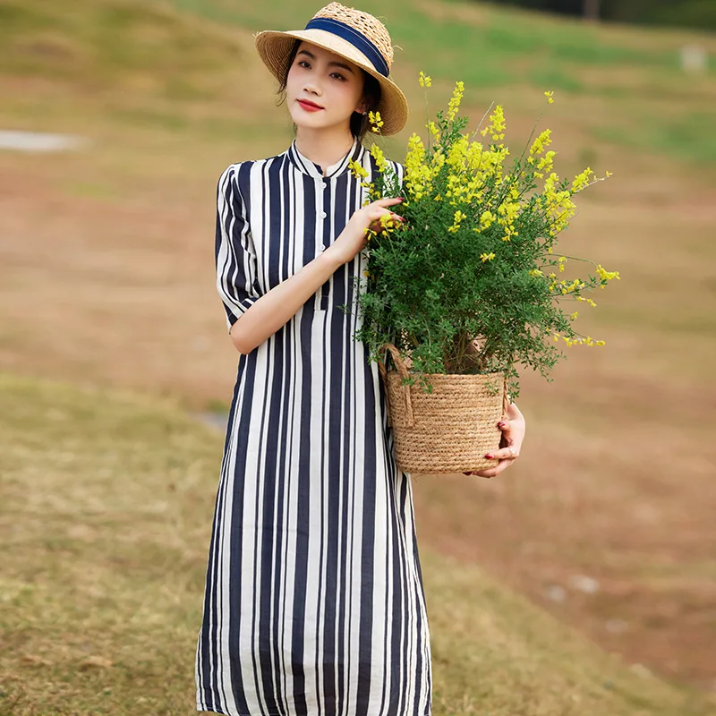 

Ramie dress new literary and thin vertical striped shirt skirt medium and long temperament a-word skirt fashionable and casual v