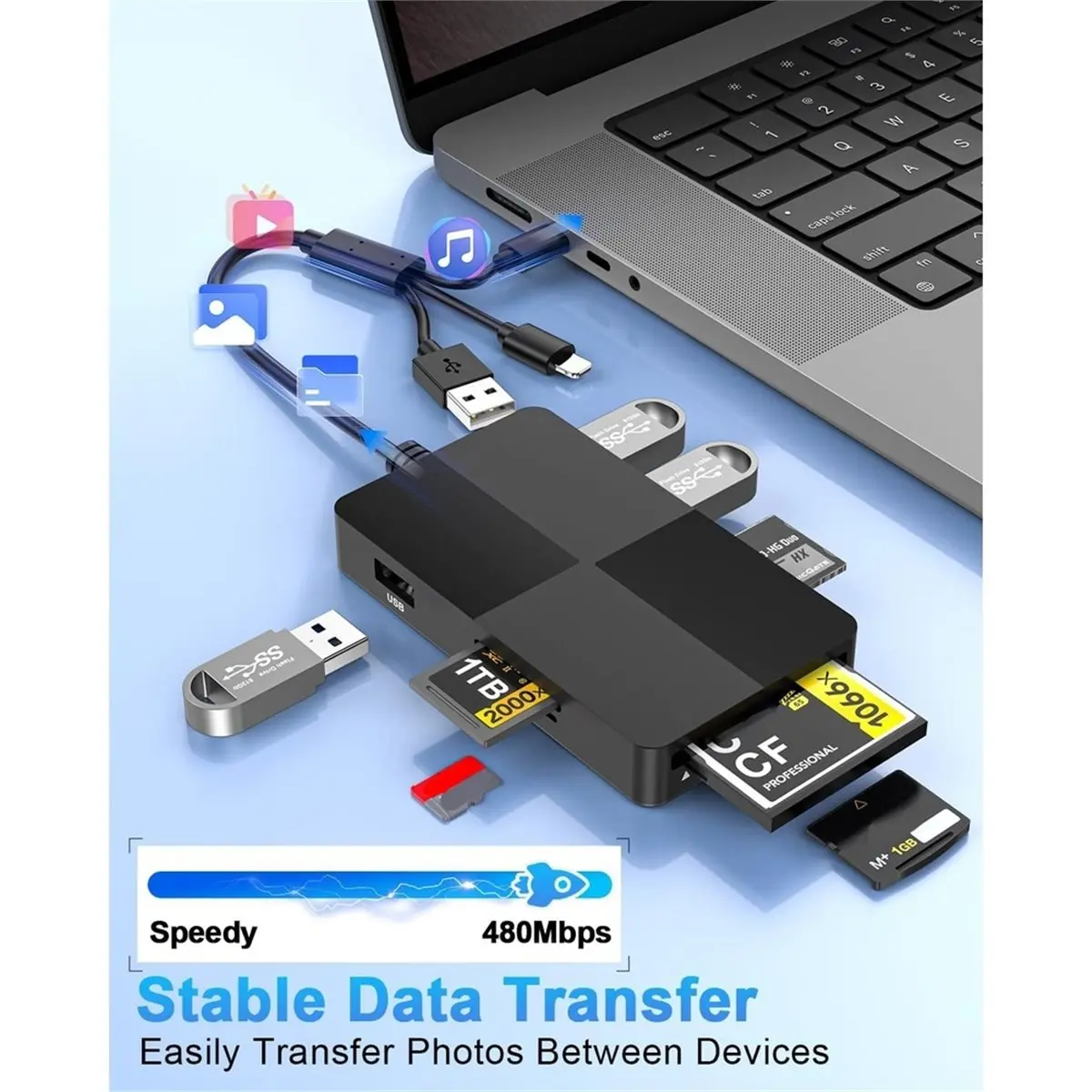 DT89 NEW SD Card Reader Hub 3in1 Multi Memory Card with USB, USB-C + + USB 3.0 SD/TF//Micro-SD/XD/MS Card Adapter