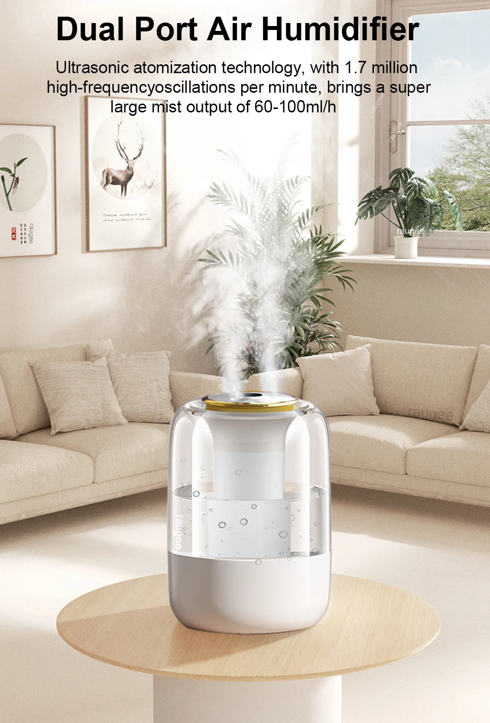 Luftbefeuchter, 2,2 l, großes Fassungsvermögen, Heimluftbefeuchter, stumm, Nebelhersteller, Doppeldüse, USB-Luftbefeuchter für Schlafzimmer mit LED-Nachtlicht – Detail 1