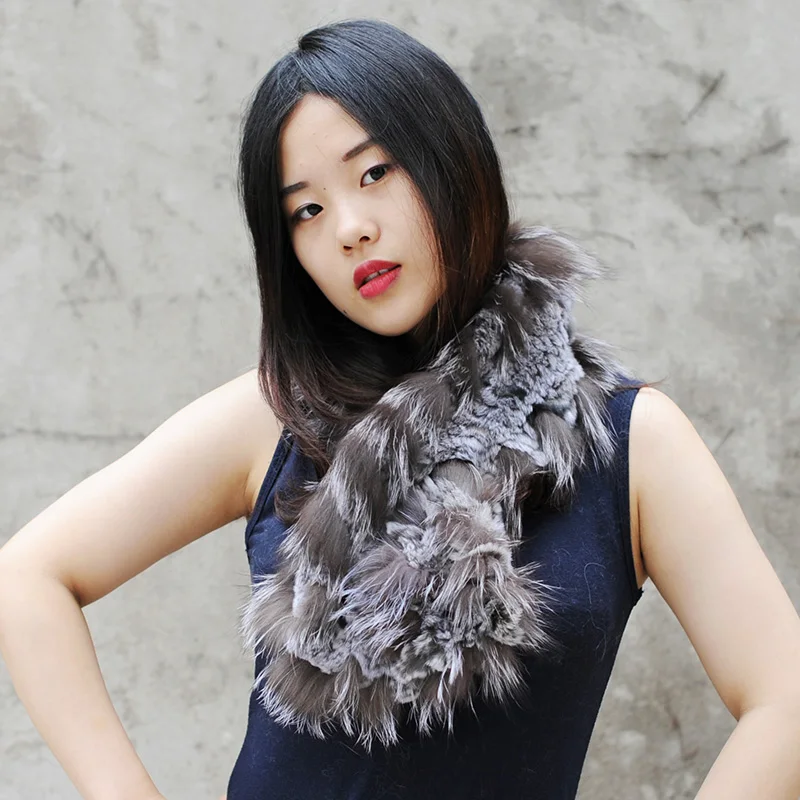 رخيصة بيع المرأة حقيقية ريكس الأرنب الفراء محبوك الأوشحة مع وشاح الفراء الثعلب تقليم #3