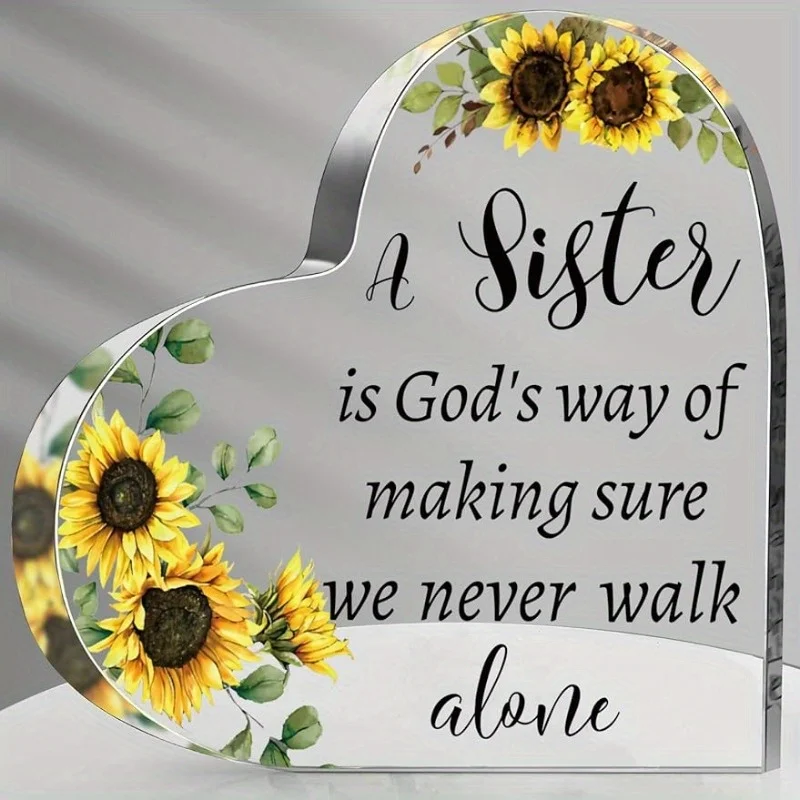 Sunflower Sister Gift: Acrylic heart decor, ideal for birthdays/holidays – from siblings, for women.