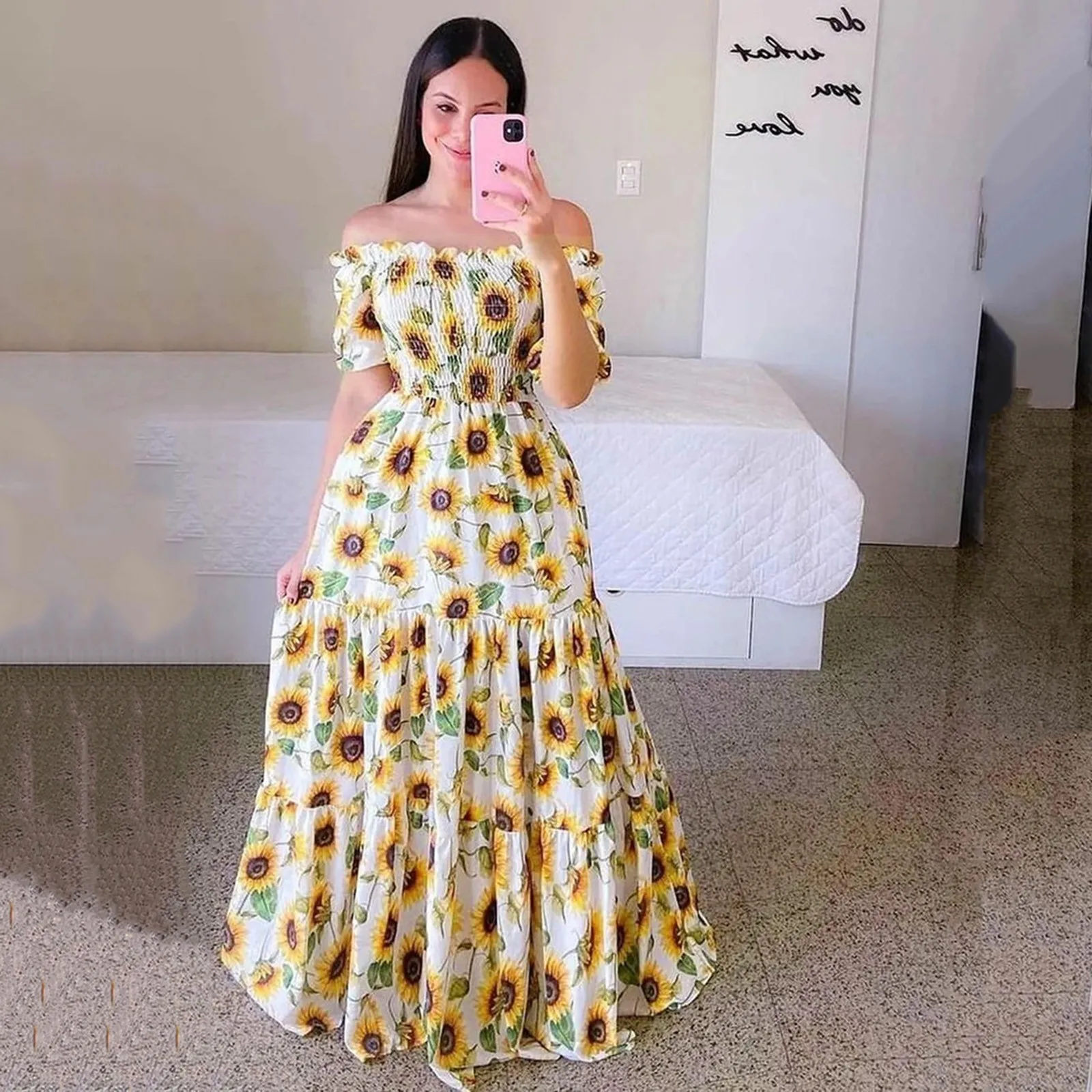 Floral Long Dress Women Off Shoulder Maxi Short Sleeve Sunflowers Print Pleated Maxi Dresses Beach Bohemian Sundress Vestidos