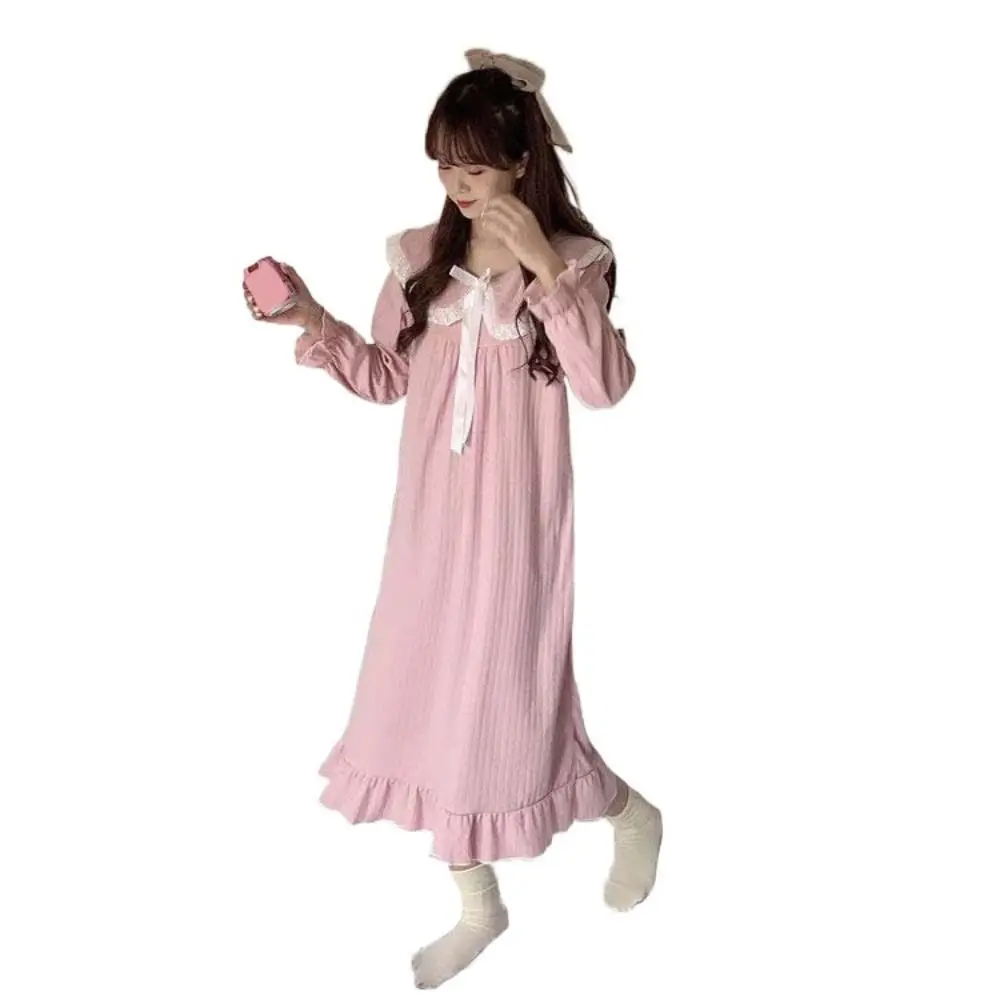 

Cute Lace Pajamas Nightgown Women Sweet Collar Bowknot Ruffle Nightdress Loose Ruffle Long Sleeve Sleepwear Girl