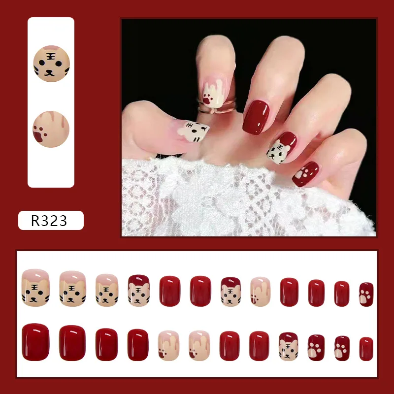 24pcs Red Tiger Fake Nails Art Nail Tips Press on Fake Nail Set Full Cover Artificial Short Style Packaging