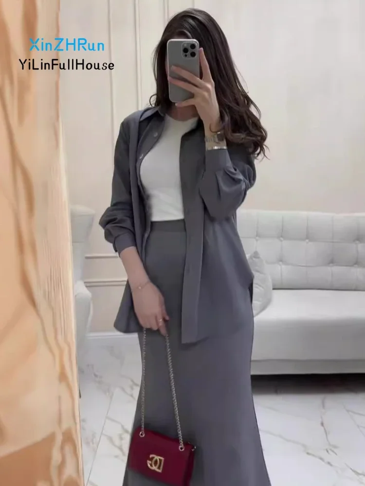 2024New Womens Lapel Single Breasted  Casual Loose Long Sleeved Shirt Top Temperament Slim Fit Elastic Waist Long Skirt Thin Set