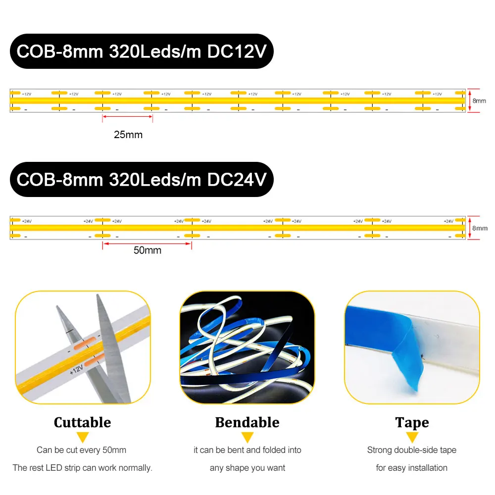 COB LED Strip Light 320 High Density Flexible Linear Lighting 8mm Led Lights Linear Dimmable Red Green Blue Decor DC12V DC24V