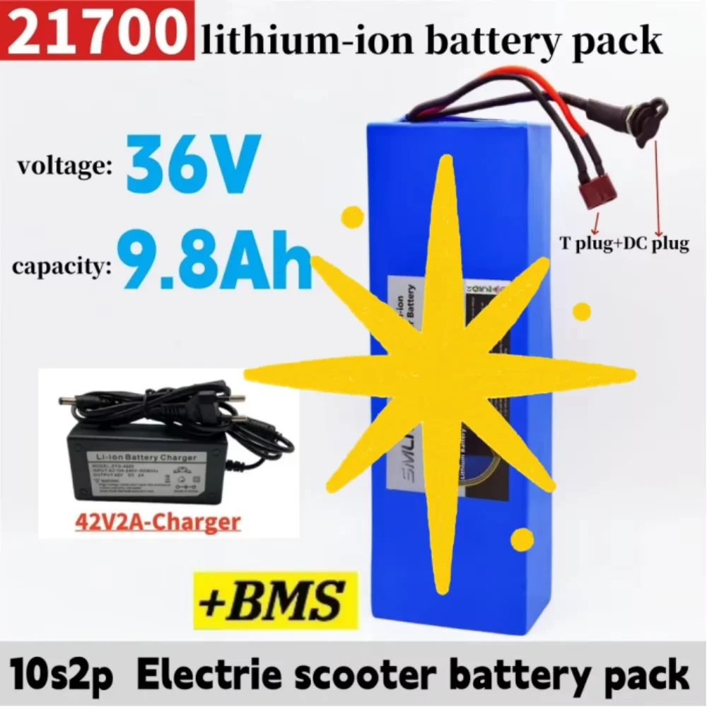 

36 В, 9800 мАч, 10S2P, литиевый аккумулятор большой емкости 21700, для электрического скутера, настраиваемый с несколькими вилками