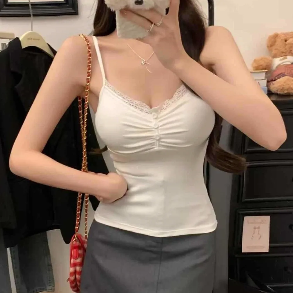 Fashion Slim Fit Lace Trim Vest Button Front with Chest Pad V Neck Top Short Sleeveless Top Women