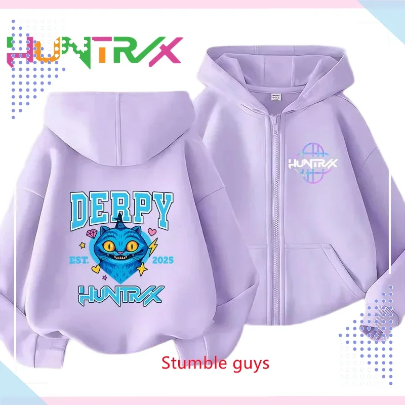 سترة Kpop Demon Hunters Kids ذات قلنسوة بسحاب أرجواني لربيع الخريف وطباعة شخصية ناعمة للجماهير ​