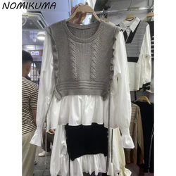 Nomikuma 2024 Spring New Knitted Patchwork Shirts Korean Fashion Lace Up Flare Sleeve Fake Two Pieces Blouses Camisas De Mujer