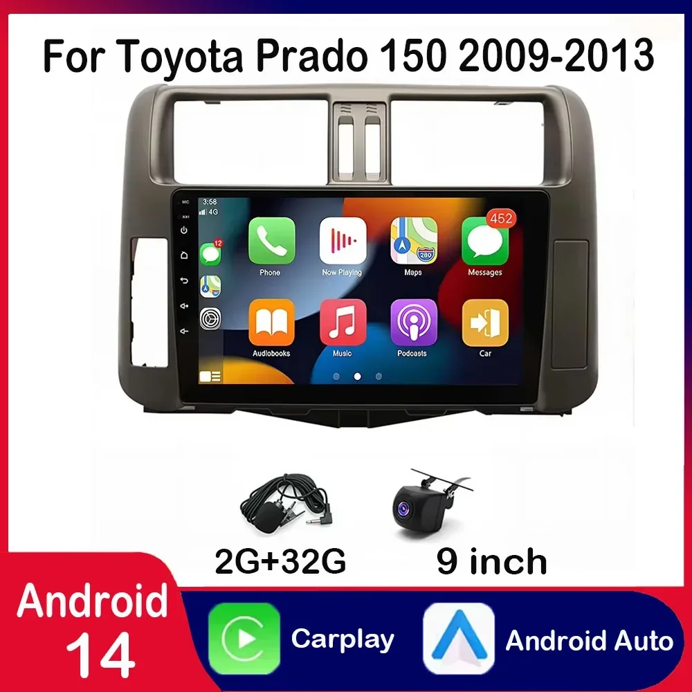 أندرويد 14 ستيريو سيارة 9 بوصة راديو ستيريو للسيارة Carplay السيارات لتحديد المواقع والملاحة 2 + 32G مشغل وسائط متعددة لتويوتا برادو 150 2009-2013