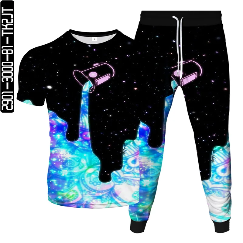 

T-Shirt+Trousers 2pcs Set For Men Women Color Galaxy Planet Astronaut Black Hole Star Moon 3D Print Tracksuit Oversized Clothing