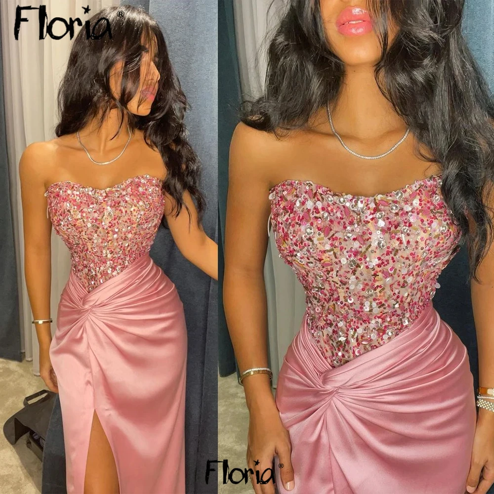 Floria Coral Pink Side Split Party Dress Beaded Stones Sweetheart Midi Long Cocktail Night Gowns Bride Guest Prom Gowns 2024