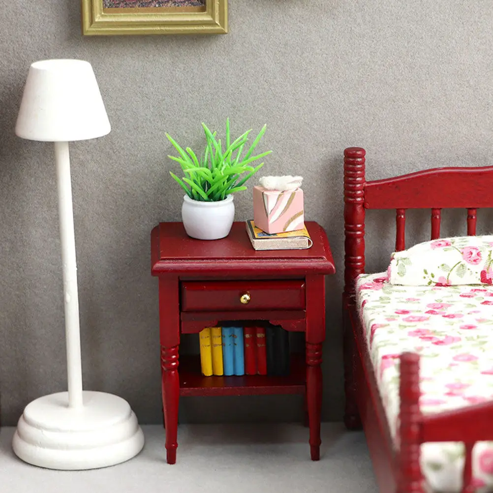 

Wood Mini Nightstand for Dollhouse Layout Photography Prop Lifelike Mini House Furnishing Decorative Bedside Table Ornament