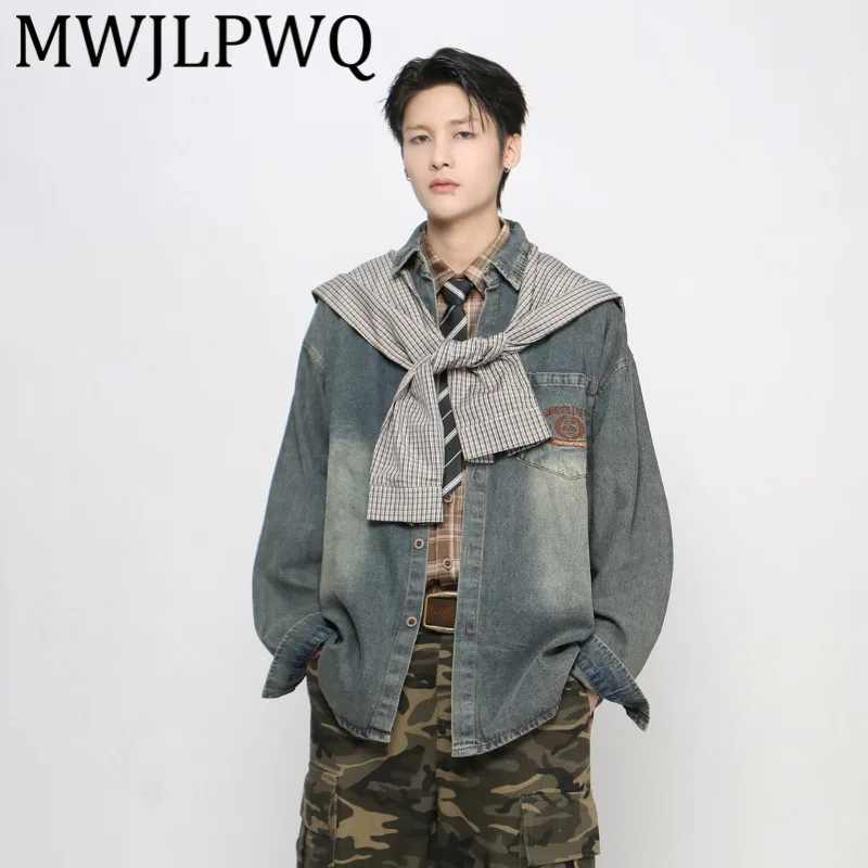 

MWJLPWQ American Style Embroidered Vintage Plaid Denim Shirt For Men Single Breasted Unique Design Loose Casual Tops Tide 21089