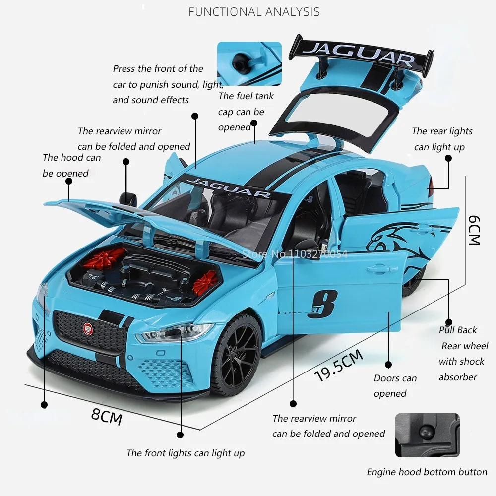 1/24 Jaguar XE SV Project 8 Toy Car Model Alloy Diecast with Sound Light Toys Vehicles Boys Birthday Gift Collection Decoration