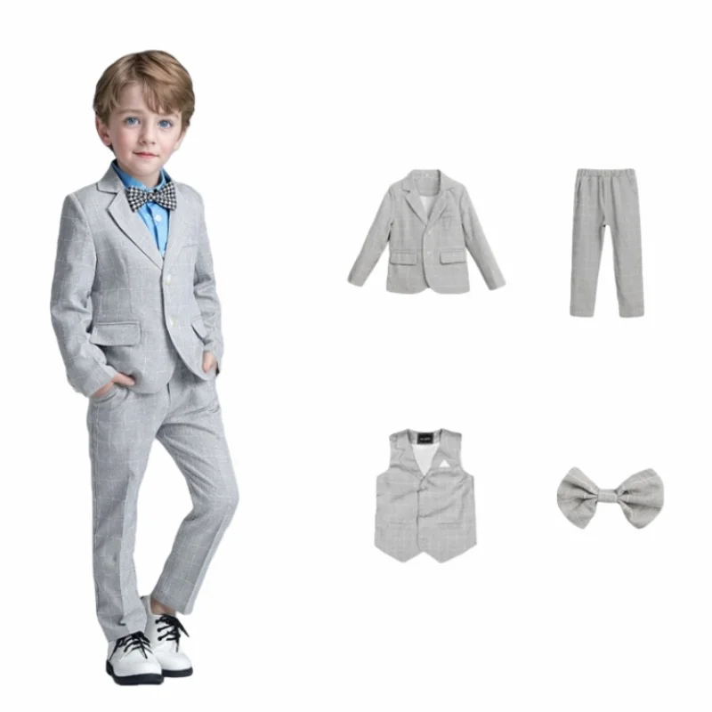 Children's Spring Plaid Suit Set For Wedding Boys Birthday Photography Outfit Kids Piano Host Speech Performance Costume