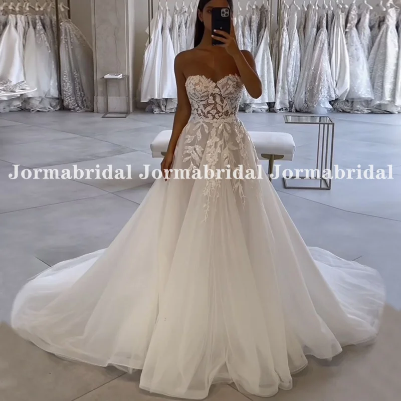 

Sequined Lace A-line Tulle Wedding Dress Princess Sweetheart Neck Sheer Bodice Leafy Appliqués Bridal Gown 2024 Vestido De Novia