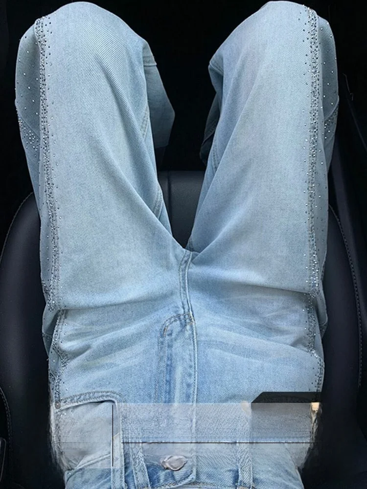 

Джинсы женские прямые с высокой талией, облегающие, осенне-зимние, новые, с бриллиантовой отделкой, драпированные, широкие штанины