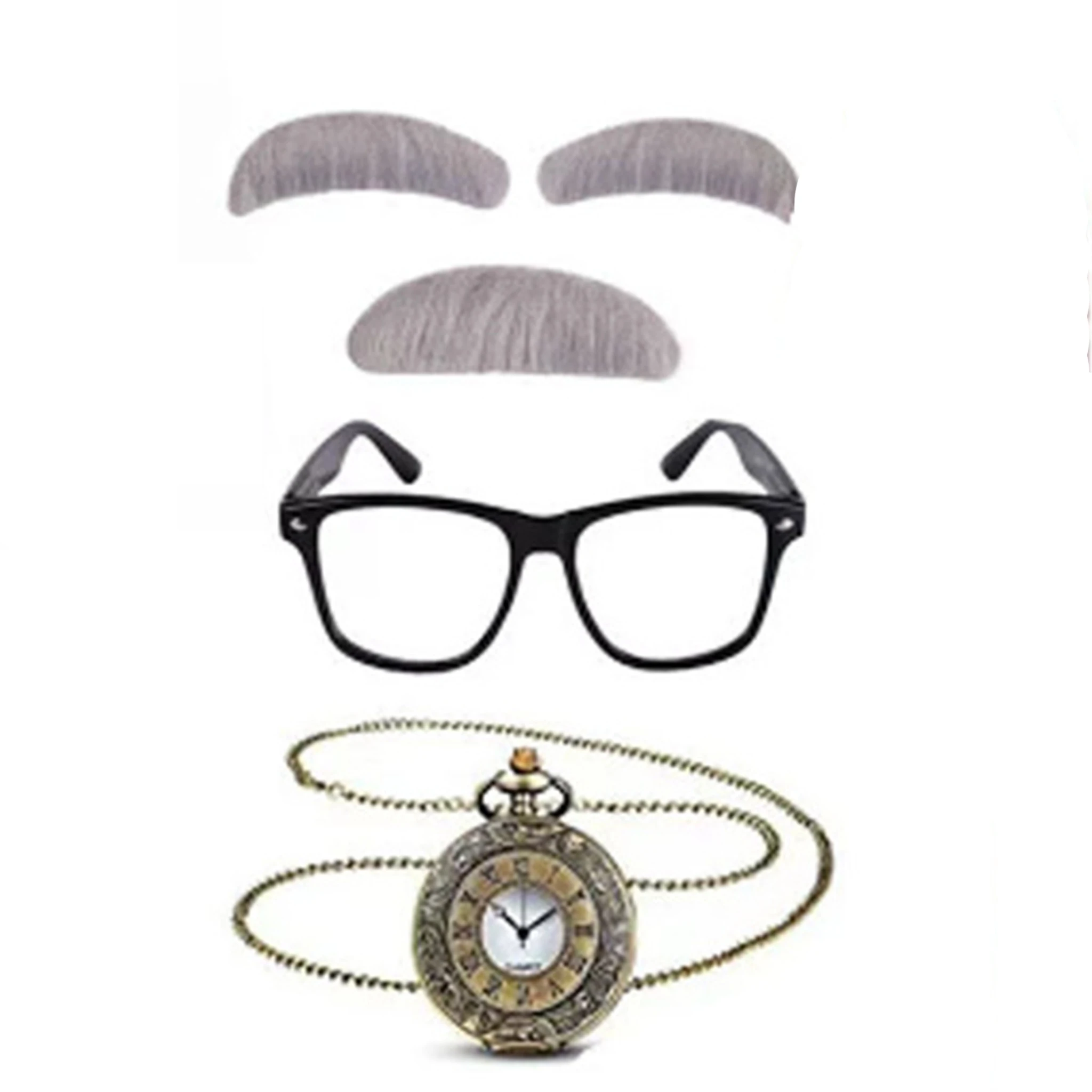 5Pcs OldMan Set Kids 100 Days of School Costume for Boys Cane+Glasse+ Faux+Eyebrows+Mustache+Hat+pocket watch for Grandpa outfit
