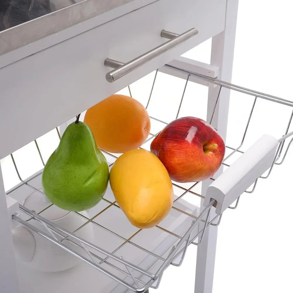 Rolling Kitchen Island Serving Utility Cart Dining Portable Mobile Trolley Stainless Steel Top Removable Cookware Storage Basket