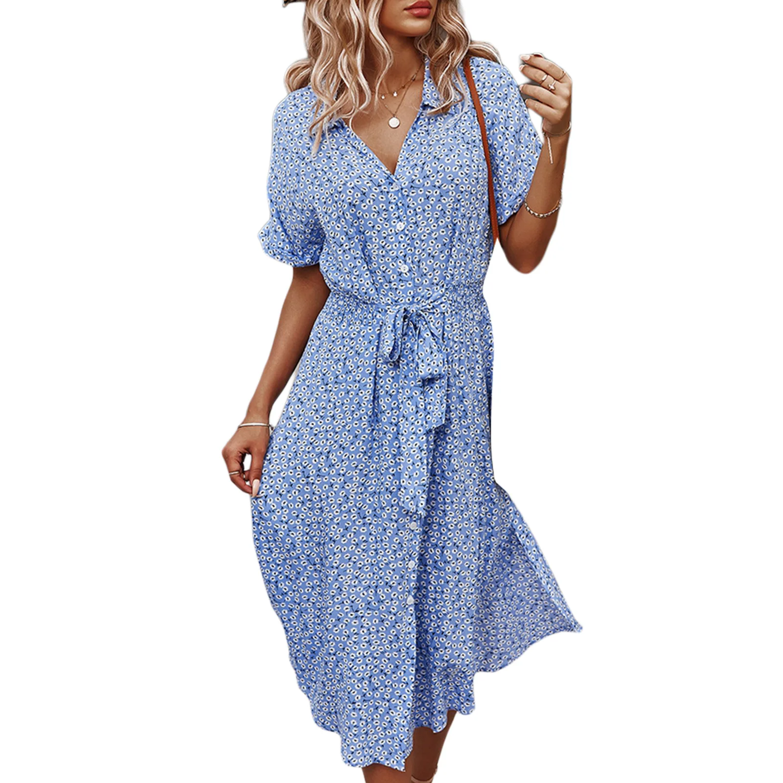 Damen Sommer ästhetische Button-up-Midi-Kleid, Kurzarm ästhetischen Blumen ästhetischen Druck Kordel zug lose Hemd Kleid