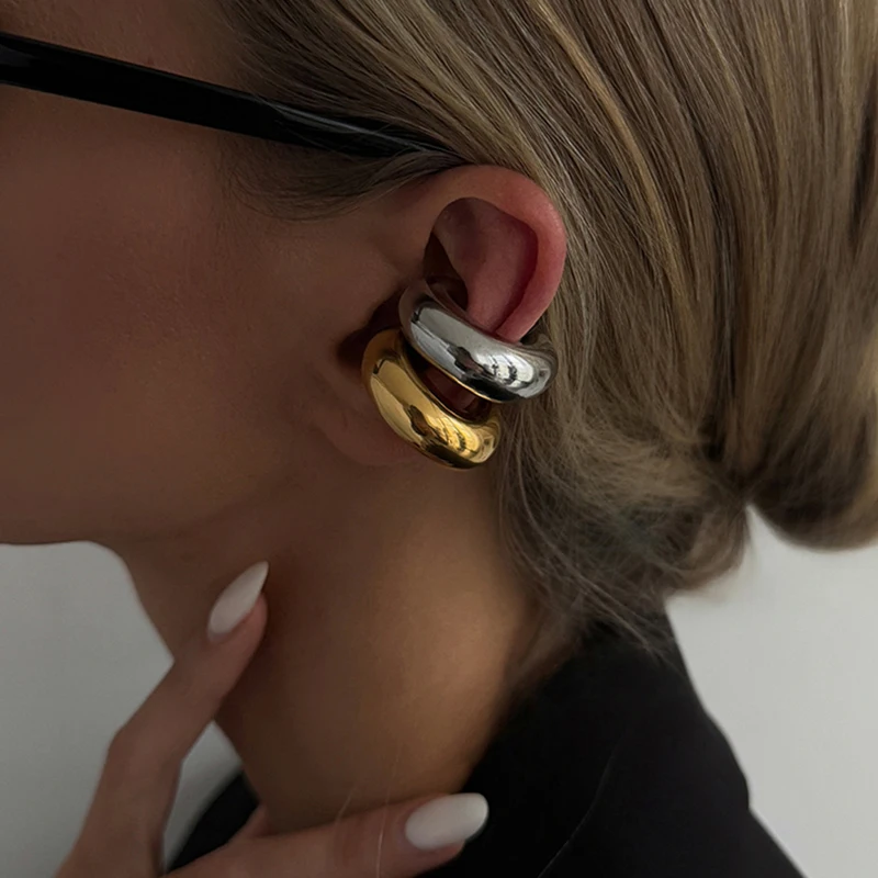 Klobige, glatte, kreisförmige C-förmige Clip-Ohrringe für Damen, leicht, ohne Piercing, Knorpel-Ohrklemme, gold- und silberfarben
