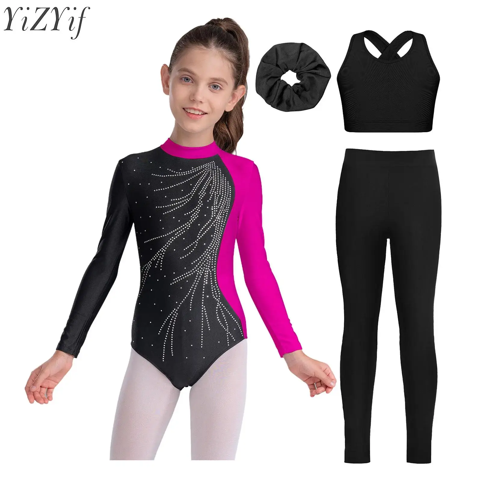 

Детский костюм для балета и танцев для девочек: лирический танцевальный костюм с воротником-стойкой, стразами, гимнастический купальник + жилет + леггинсы + повязка для волос